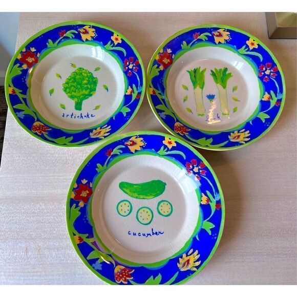 VTG Kimberly Hodges Garden Delights Blue Bowl Set of 3 Artichoke/Leek/Cucumber - Picture 2 of 10